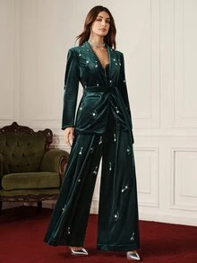 BELROSIE European And American Style Autumn/Winter New Fashion Versatile Velvet Heavy-Duty Handmade Beaded Lace-Up Blazer And Pants 2 Pieces Set For Women - Dark Green - View 3