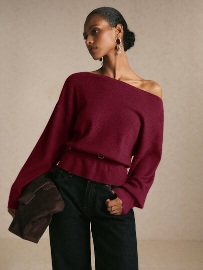 Poéselle Women's Chocolate Brown Off-The-Shoulder Batwing Sweater With Belt – Relaxed Dolman Sleeve Knit Pullover Fall/Winter Chic Top Peplum Sweater