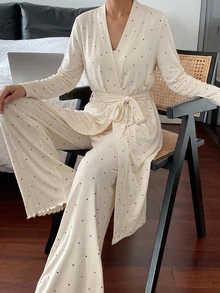 DAZY 3pcs Women's Polka Dot Print Long Cardigan, Long Sleeve Robe, Sleeveless Camisole Tank Top, Straight Long Pajama Pants Sleepwear Set - White - View 4