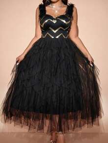 Cravure Plus Size Solid Color Elegant Sleeveless Party Dress With Mesh Splice Maxi Women Outfit - Black - View 6