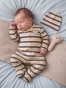 Newborn Baby Striped Knit Cartoon Bear Pattern Loungewear - Khaki - View 4