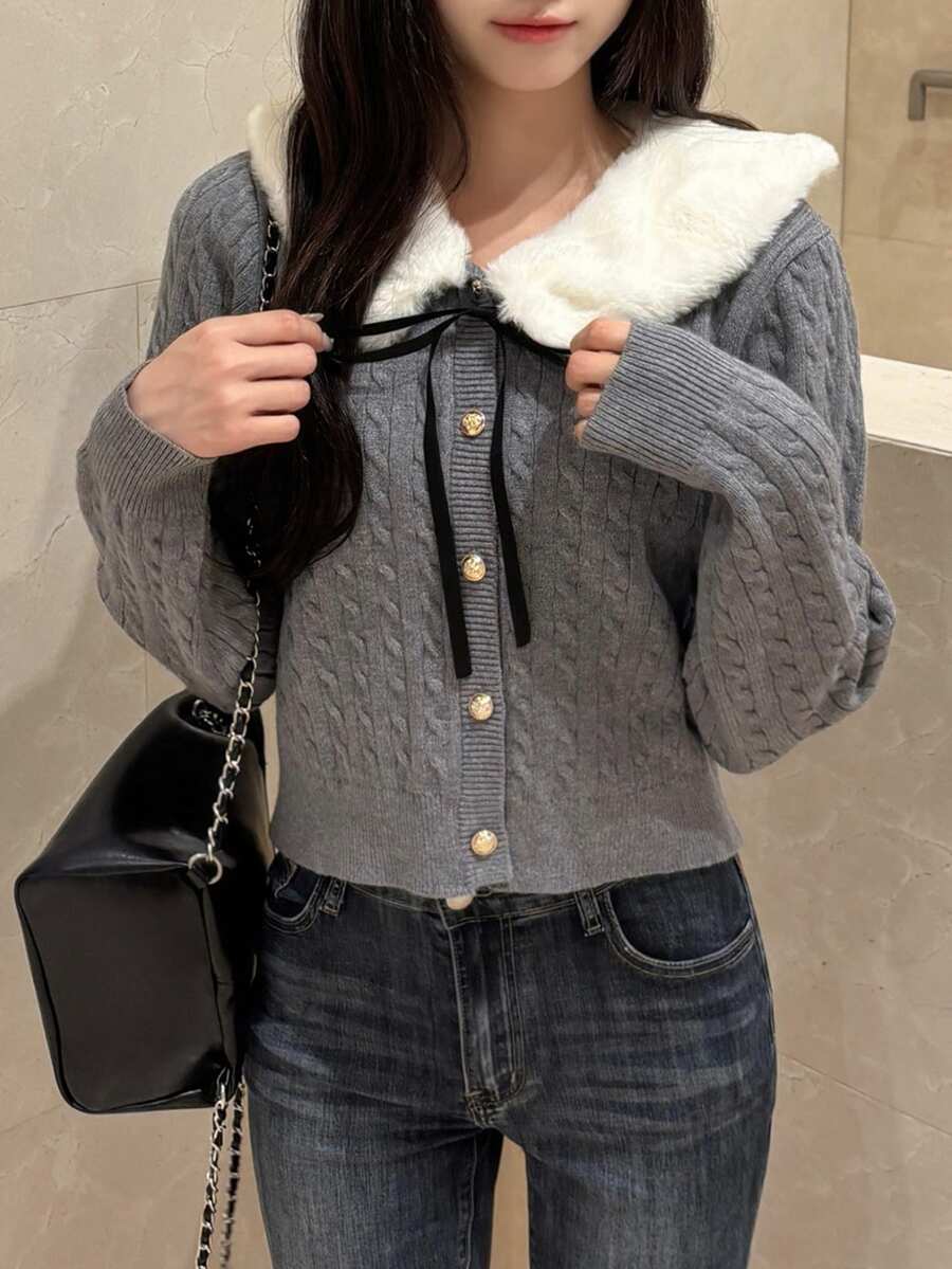 FRIFUL Women's Plush Patchwork Casual Versatile Daily Wear Cardigan - Grey - View 1