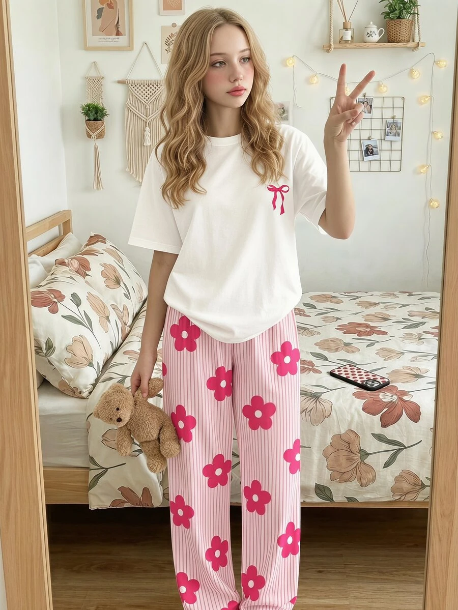 Tween Girls Crew Neck Short Sleeve Long Pants Loose Casual Loungewear Pajama Set 2pcs Kids - Multicolor - View 1