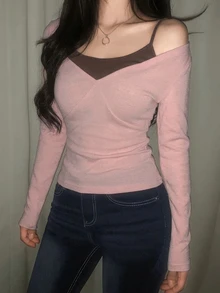 DAZY 女款對比色修身背心與深V領長袖休閒度假韓風春秋兩件套 - 粉色 - 查看 3