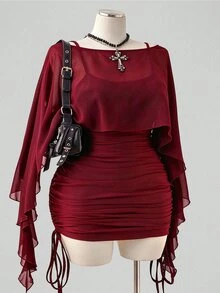 Sunspun Plus Size Spring/Summer Sheer Top & Fitted Drawstring Camisole Dress 2 Pieces Set Fall - Burgundy - View 1