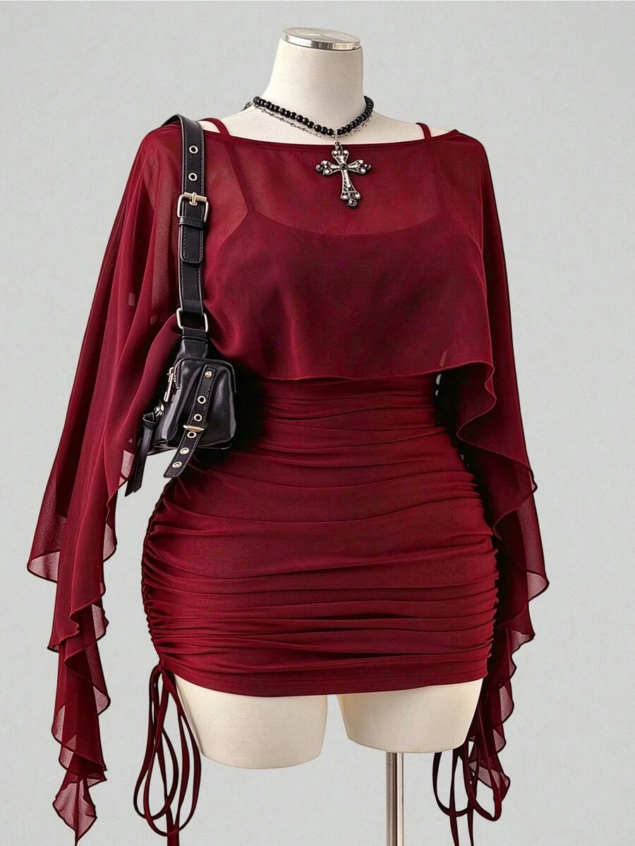 Sunspun Plus Size Spring/Summer Sheer Top & Fitted Drawstring Camisole Dress 2 Pieces Set Fall - Burgundy - View 1