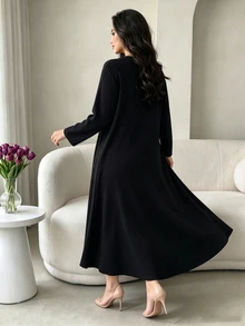 Lacomfia Knitted Loose Polka Dot Patchwork Long Sleeve Long Hem Casual Minimalist Fashion Home Daily Button Decor Black Plus Size Dress - Black - View 2