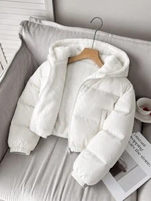 SHEIN 青少年女孩冬季新款黑色保暖內裡連帽短版羽絨外套 - 白色 - 查看 6