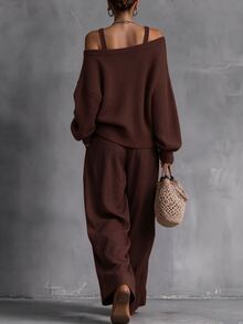 LUMIGAL Women's Solid Color Casual Daily Long Sleeve Sweater - Brown - View 2