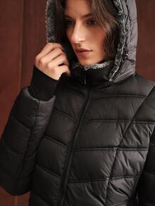 Anewsta Women's Plush Patchwork Casual Versatile Winter Padded Coat - Black - View 2