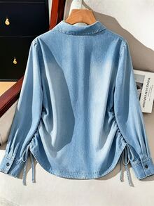 GlowEve CURVE Plus Size Autumn/Winter Women's Casual Shirt With Side Waist Design, Gathered Denim Effect Print And Small Stand Collar - Blue - View 2