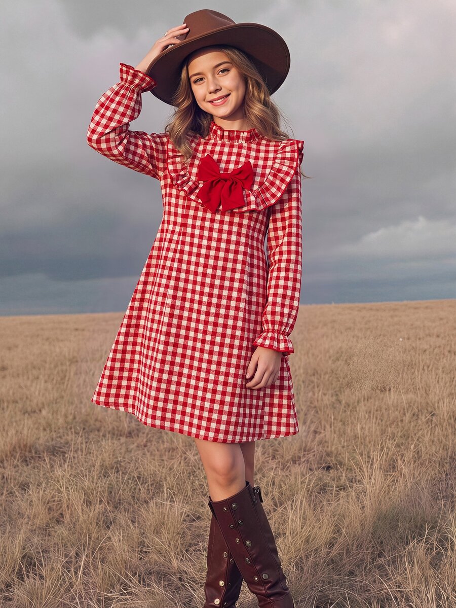 Emery Rose Kids Emery Rose Kids 青少年女孩可愛度假休閒杏色格紋蝴蝶結長袖寬鬆洋裝,秋季花卉洋裝,校園、返校季、校服 - 紅色 - 查看 1