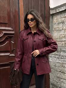 Struktiv Women's Autumn/Winter Fashion Casual Loose Pocket Design Cinched Waist Long Sleeve Leather Premium Feel Suitable For Daily Commute Shopping Date Street Style Regular Jacket - Burgundy - View 3