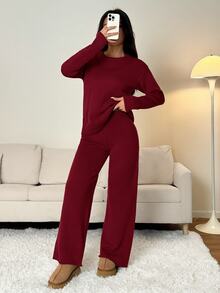 SHEIN PETITE 女款純色圓領長袖毛衣搭配長褲休閒正裝套裝，秋冬款 - 酒紅色 - 查看 10