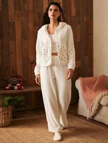 Lullawish Bohemian Style Women's Hooded Zip-Up Floral Patchwork Fleece Top And Fleece Long Pants Pajama Set - Apricot - View 3