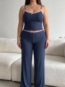 Dazy Plus Plus Size Women Lace Patchwork Bow Decor Sleeveless Camisole And Long Pants Loungewear Pajama Set - Dusty Blue - View 4