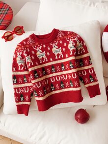 Young Boy Cartoon Deer Pattern Knit Soft Crew Neck Long Sleeve Pullover Sweater - Multicolor - View 3