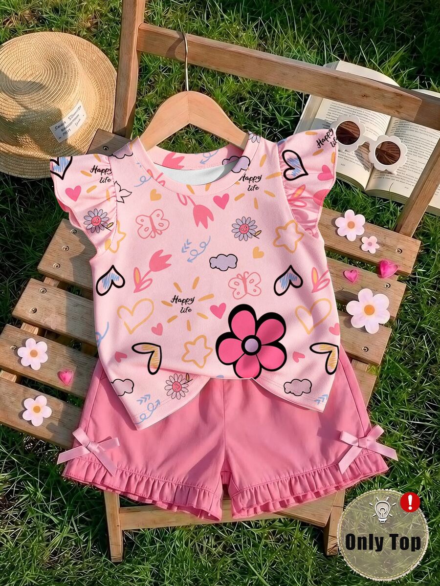 Young Girl 1 Pc Floral Heart Print Ruffle Sleeve Tee, Pink, Summer - Pink - View 1