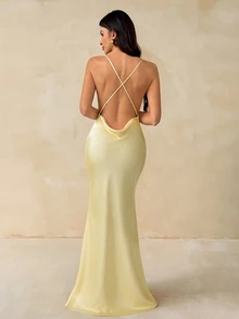 SHEIN Tall Đầm nữ hở lưng cổ đổ đuôi cá mặc đi tiệc - Màu vàng - Xem 2