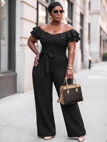 Slaydiva Plus Size Off Shoulder Ruffle Jumpsuit, High Waist Wide Leg Long Pants With Belt, Curvy Formal Party Outfit - Black - View 2