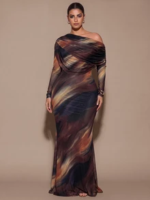 SHEIN BAE CURVE 大尺碼女款優雅長洋裝，適合外出、約會、聖誕節、秋冬季、雞尾酒會、生日派對、舞會 - 棕色 - 查看 2