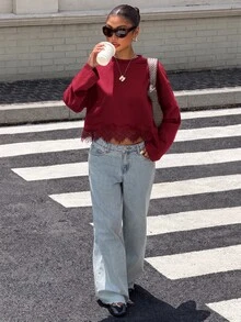 Muchica 女款蕾絲拼接休閒百搭日常穿著T恤，純棉蕾絲立領不對稱下擺修身優雅Y2K夏季白色T恤 - 酒紅色 - 查看 6
