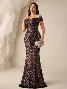 Coutiva Sequin Off-Shoulder Slit Elegant Evening Gown - Black Gold - View 7