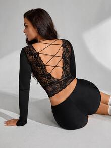 Slayform Slayform Women's Minimalist Lace Patchwork Long Sleeve Sports T-Shirt - Black - View 1
