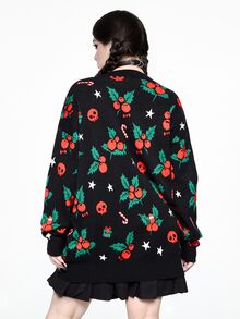 ROMWE Plus Size Women Gothic Style Christmas Skull, Cherry, Gift Box, Candy Cane, Star Pattern Loose Casual Cardigan Sweater - Black - View 4