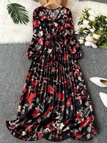 SHEIN Franclia 1件女款優雅花卉抓皺V領裹身長裙，附腰帶與長袖，女裝套裝 - 紅色和黑色 - 查看 1