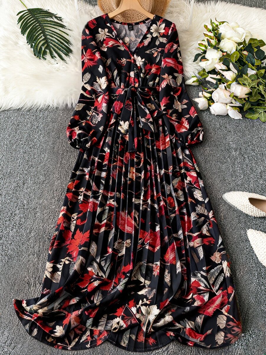 SHEIN Franclia 1件女款優雅花卉抓皺V領裹身長裙,附腰帶與長袖,女裝套裝 - 紅色和黑色 - 查看 1