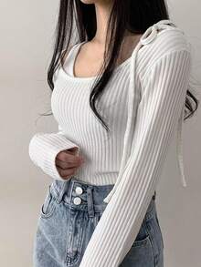 DAZY 女款綁帶長袖圓領純色修身休閒T恤 - 白色 - 查看 3