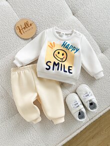 SHEIN 新生兒字母與笑臉圖案長袖上衣與長褲休閒日常套裝 - 杏色 - 查看 5