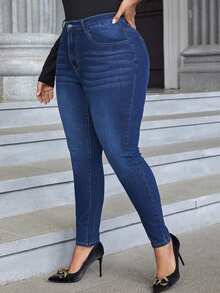 EMERY ROSE Plus Size Women's Casual Daily Denim Jeans With Pockets And Buttons - Blue - View 5