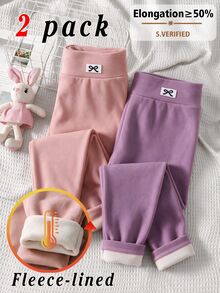 SHEIN 2pcs Girls' Autumn/Winter Bow Embroidery Pattern Thermal Leggings, Casual Daily Wear - Multicolor - View 8
