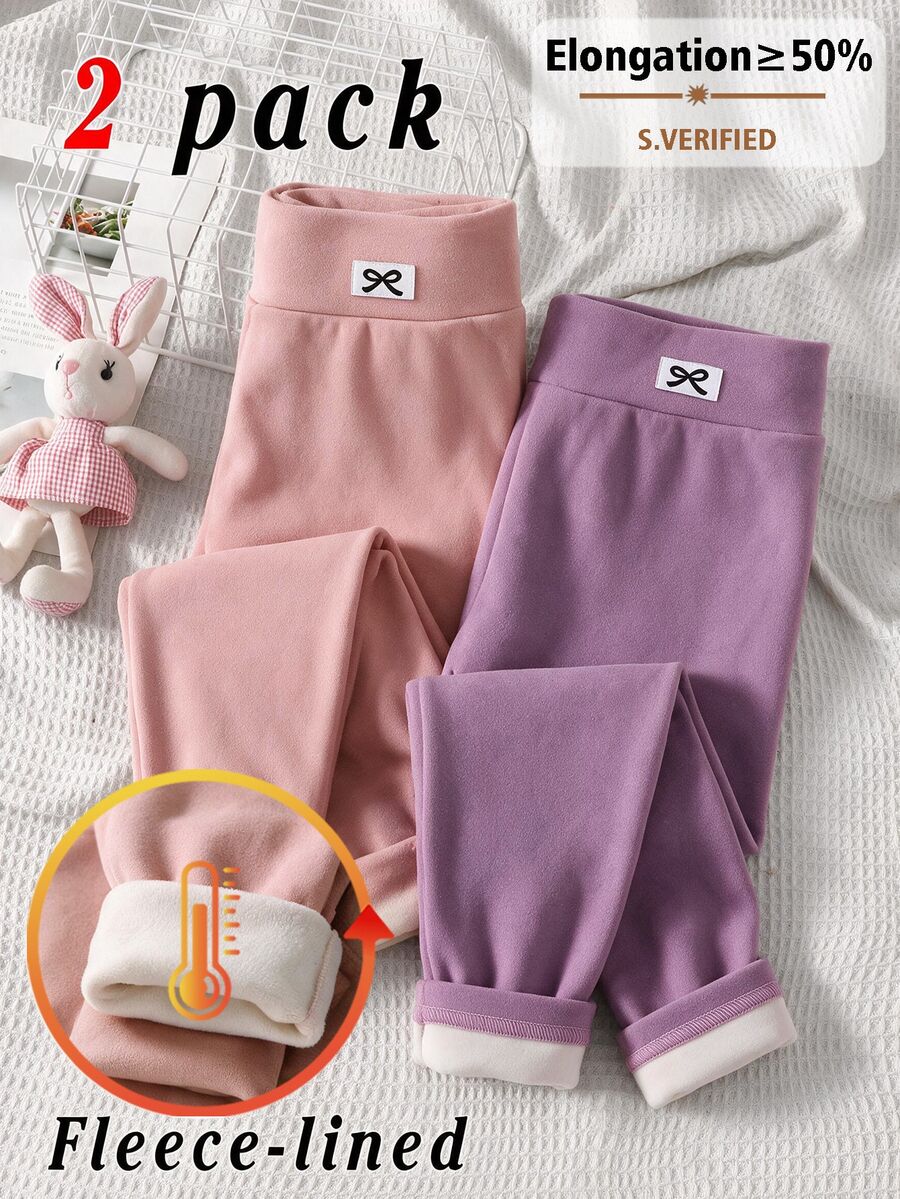 SHEIN 2pcs Girls' Autumn/Winter Bow Embroidery Pattern Thermal Leggings, Casual Daily Wear - Multicolor - View 1