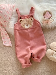 新生女嬰/幼女秋冬可愛熊圖案拼接刺繡燈芯絨吊帶褲連身衣，女嬰冬季連身褲/吊帶褲，聖誕 - 粉色 - 查看 3