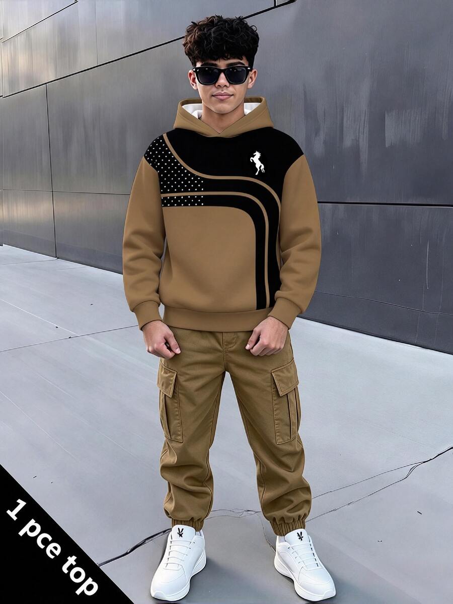 青少年男孩休閒簡約寬鬆舒適長袖運動衫，適合秋冬穿著 - 彩色 - 查看 1