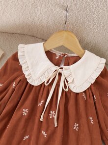 Baby Girls Printed Peter Pan Collar Dress, Casual Fashion, Creative Personalized, Fresh And Cute - Brown - View 5