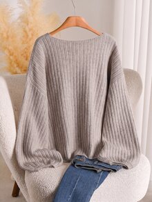 Lounesse Plus Drop Shoulder Ribbed Knit Sweater Formal School College Orange Autumn Casual Soft Form - Khaki - View 2