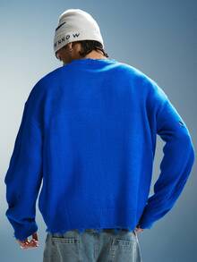 PAVTROS Men's Letter Print Long Sleeve Knit Top Rave Club Fall Streetwear - Blue - View 2