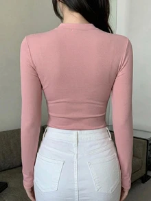 DAZY 女款夏季小立領長袖修身裹身性感休閒百搭打底T恤 - 粉色 - 查看 3
