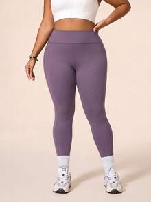 SHEIN Rhythm Era Casual Curve 系列大尺碼淺藍色線條設計修身運動長褲，百搭健身秋季運動褲 - 淺灰紫 - 查看 3