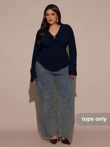 SHEIN BAE 大尺碼女款優雅棕色上衣，秋季V領抓皺長袖上衣，適合日常、聖誕、跨年派對、婚禮、正式晚裝 - 藏蓝色 - 查看 5