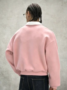 PAVTROS Men's Letter Print Long Sleeve Polo Collar Casual Loose Sweatshirt - Pink - View 2