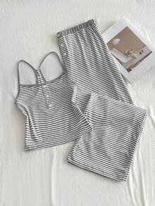 Elamini 女款優雅通勤休閒時尚百搭條紋吊帶長褲 2 件套 - 淺灰色 - 查看 3
