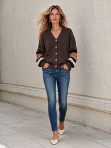 Faunlyn Women's Autumn/Winter Striped Drop Shoulder Long Sleeve Casual Knit Cardigan - Brown - View 3