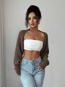 SHEIN Raffinéa 女款純色長袖休閒開襟衫 - 巧克力棕 - 查看 3