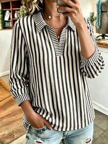 Weeklong Plus Size Women's Striped Colorblock Casual Versatile Daily Wear Shirt - Multicolor - View 5