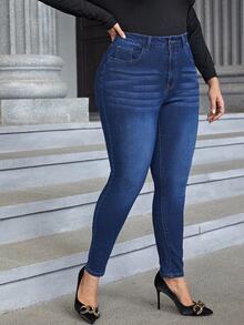 EMERY ROSE Plus Size Women's Casual Daily Denim Jeans With Pockets And Buttons - Blue - View 3